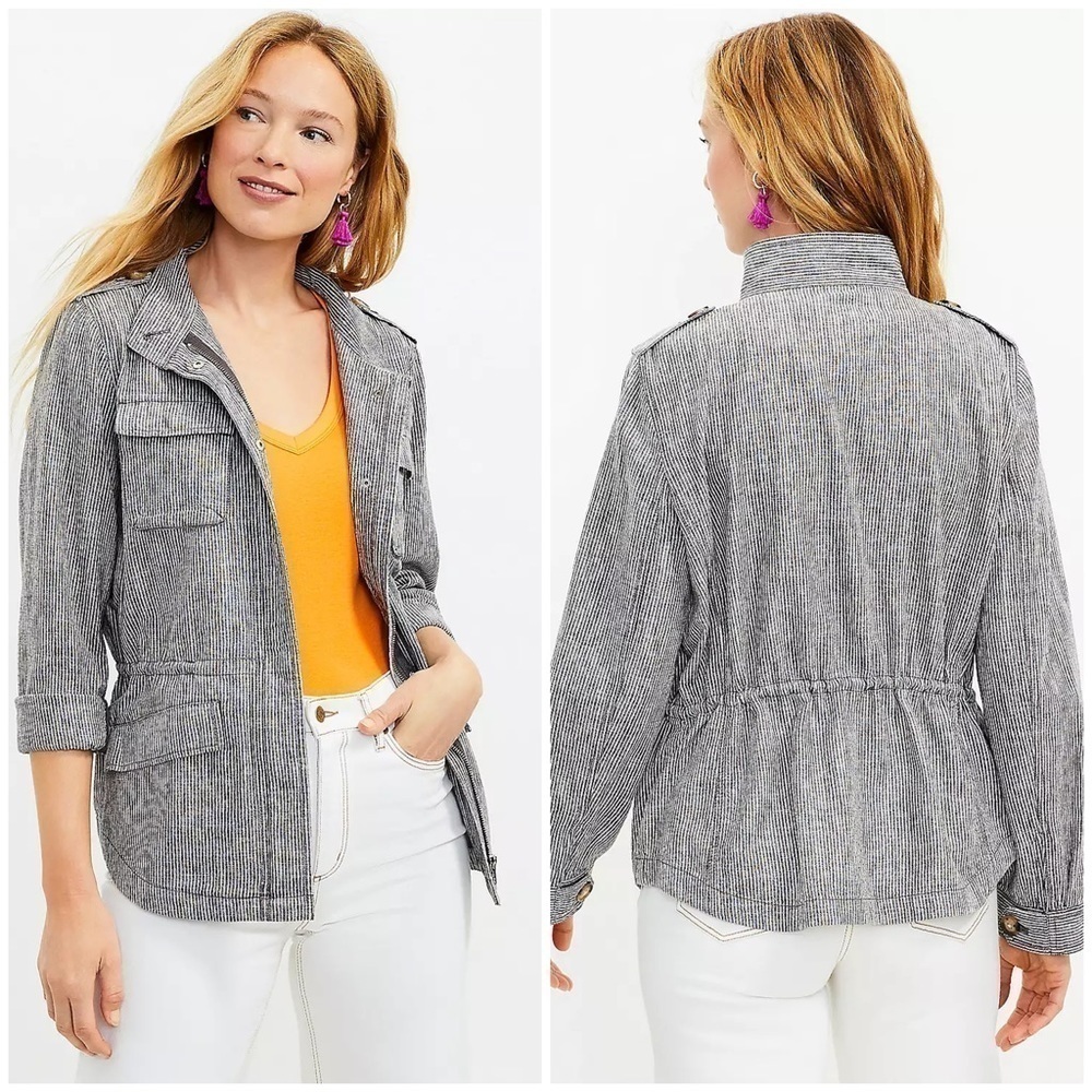 NWT Loft Striped Twill Utility Jacket Linen Cotton Gray White Full Zip Sz S